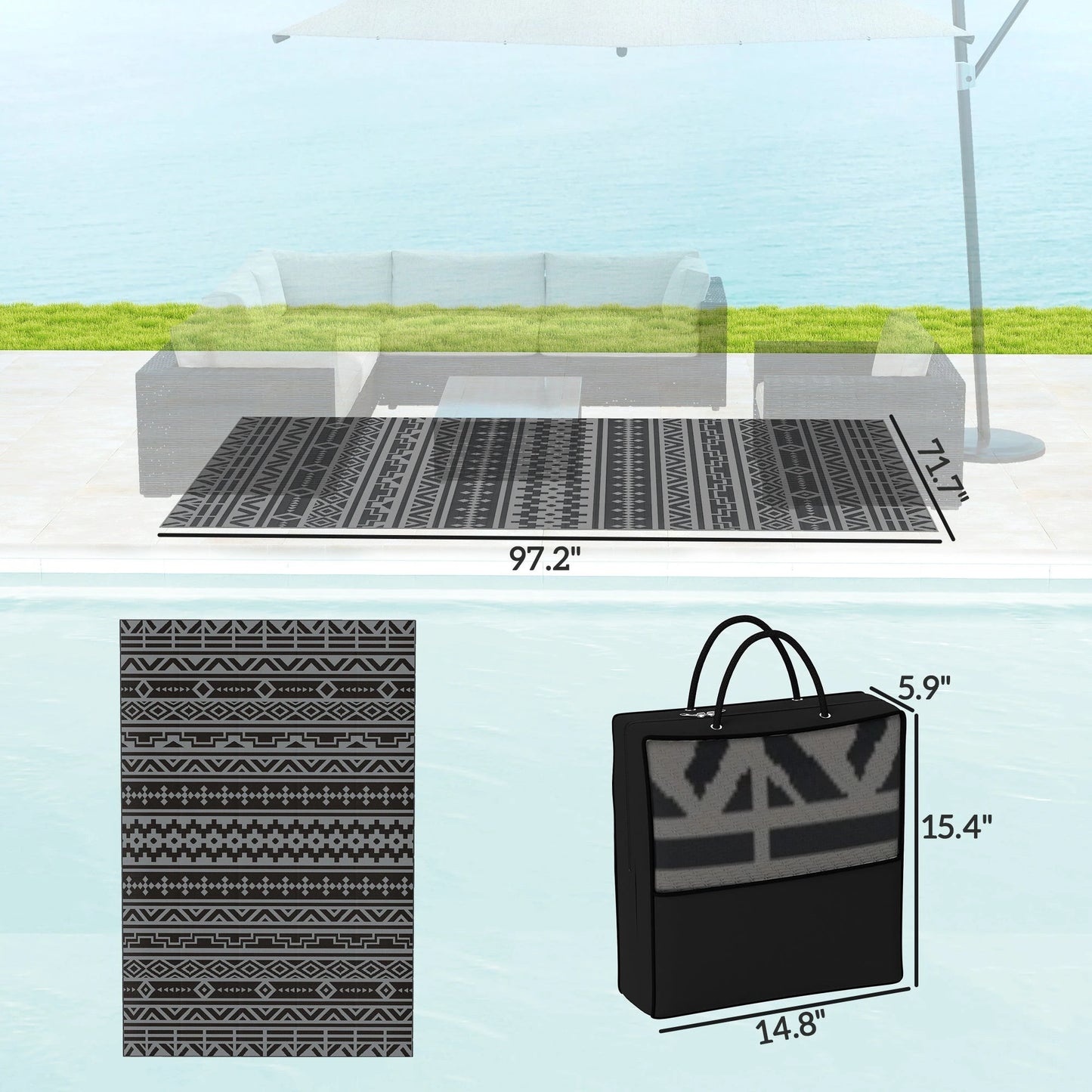 Outsunny Reversible Black & Gray Geometric Wall Outdoor Patio Rug