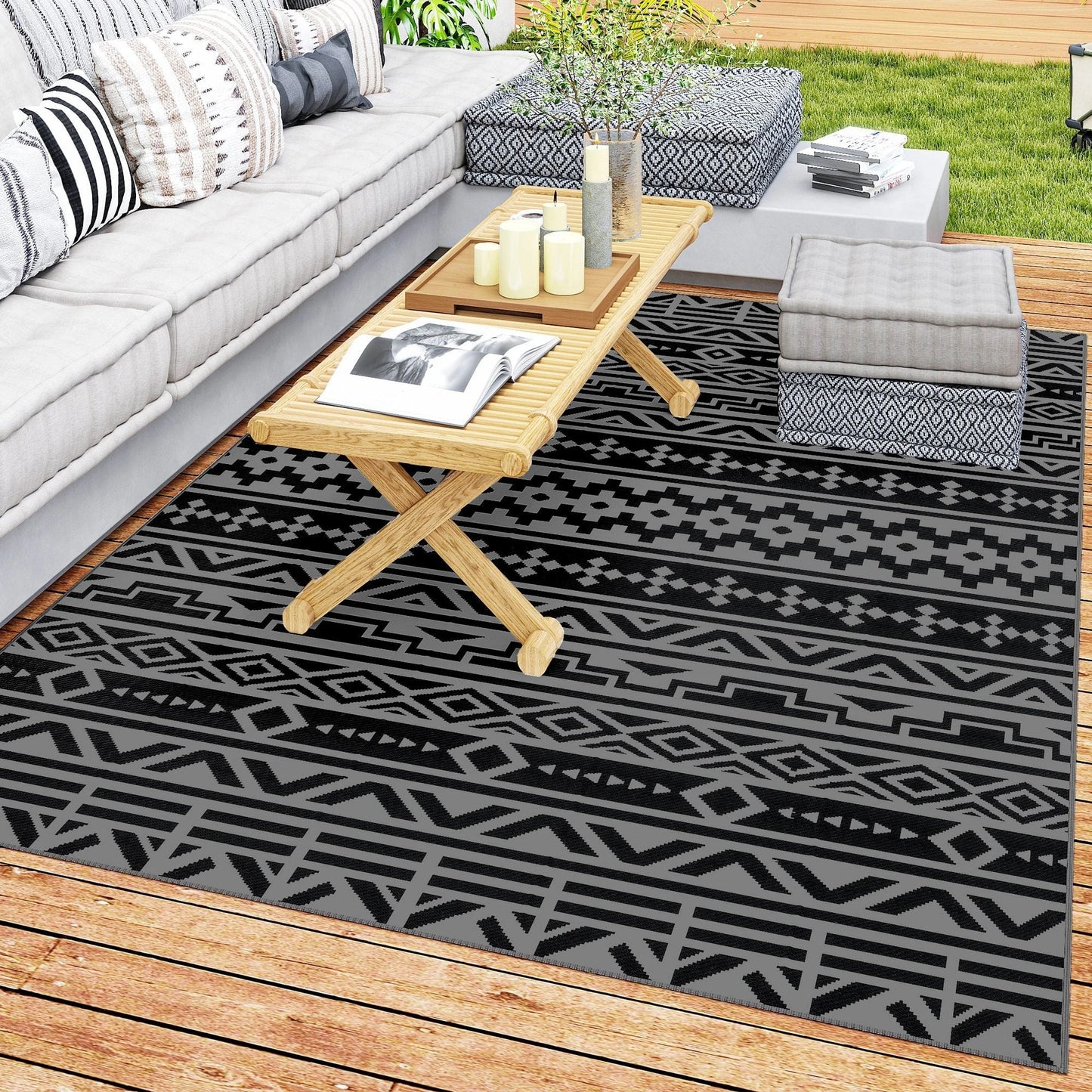 Outsunny Reversible Black & Gray Geometric Wall Outdoor Patio Rug