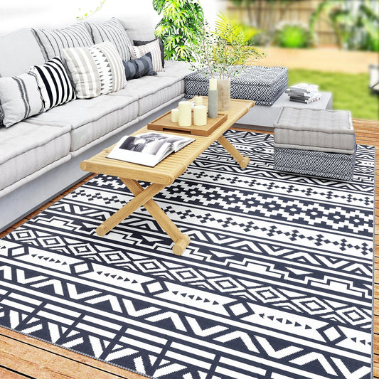 Outsunny Reversible Blue & White Geometric Outdoor Patio Rug