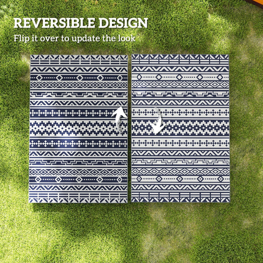 Outsunny Reversible Blue & White Geometric Outdoor Patio Rug