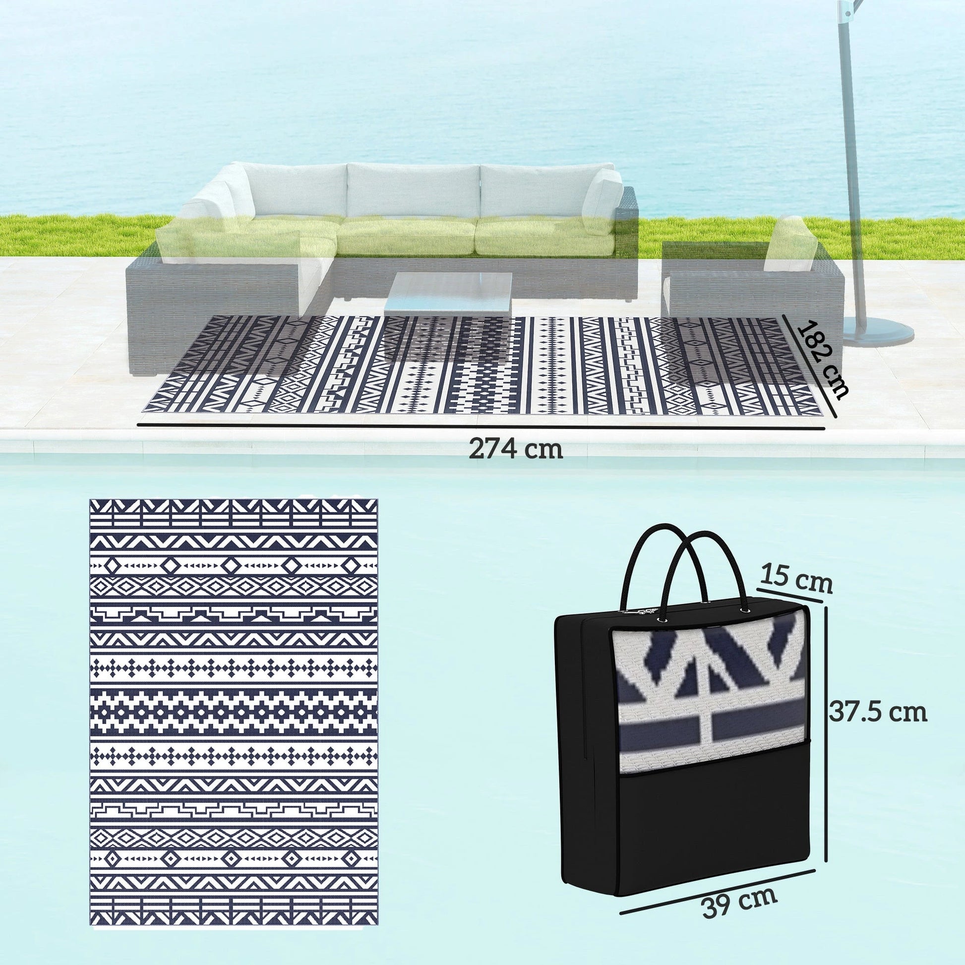 Outsunny Reversible Blue & White Geometric Outdoor Patio Rug