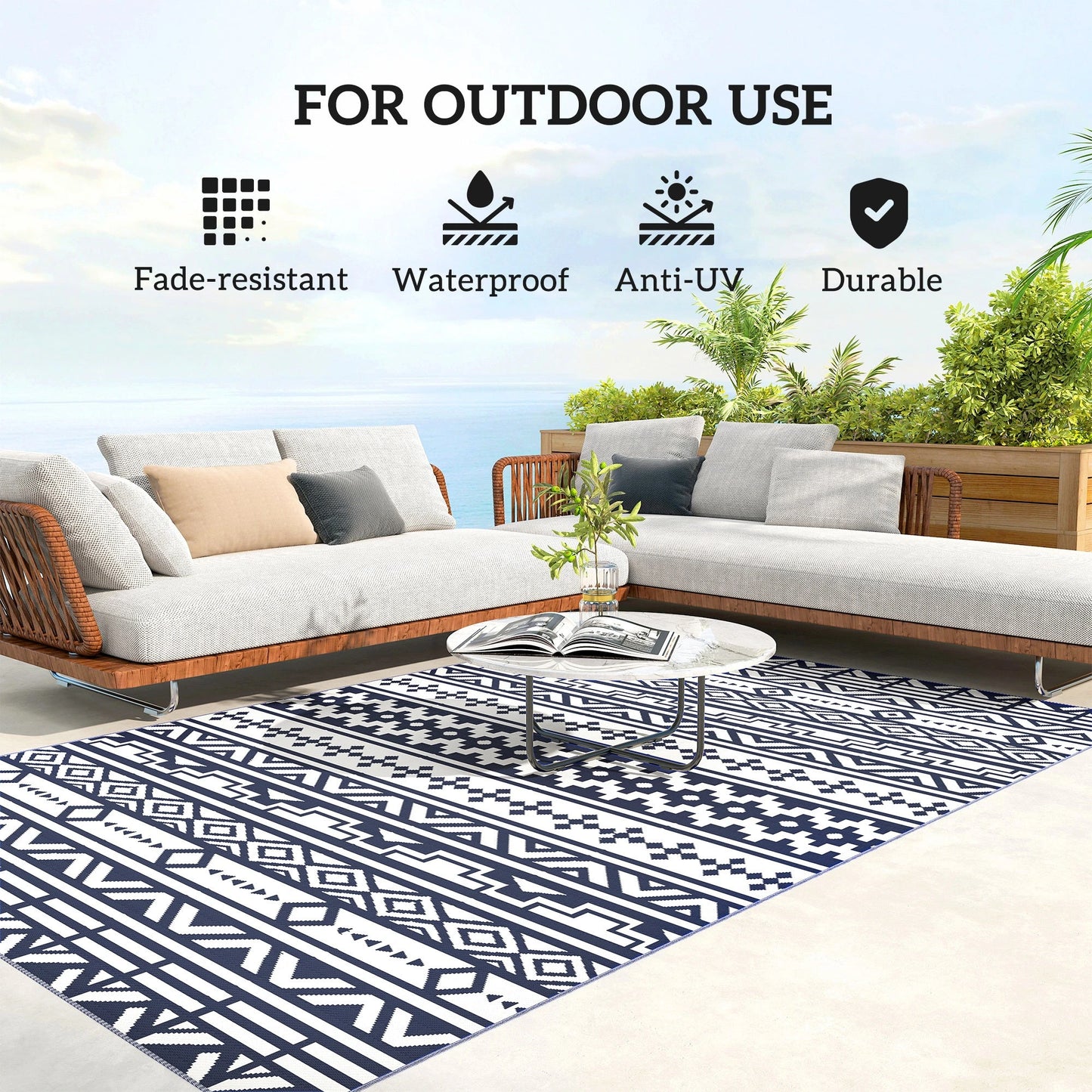 Outsunny Reversible Blue & White Geometric Outdoor Patio Rug