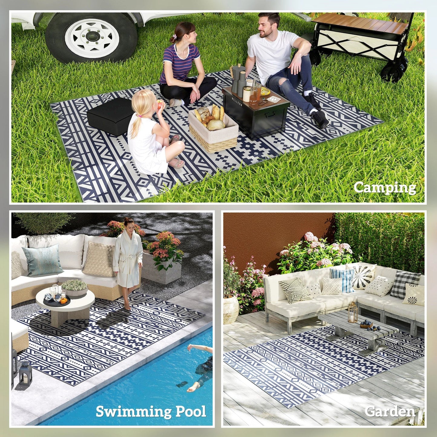 Outsunny Reversible Blue & White Geometric Outdoor Patio Rug