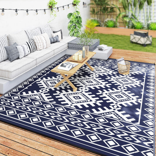 Outsunny Reversible Blue & White Rhombus Border Outdoor Patio Rug