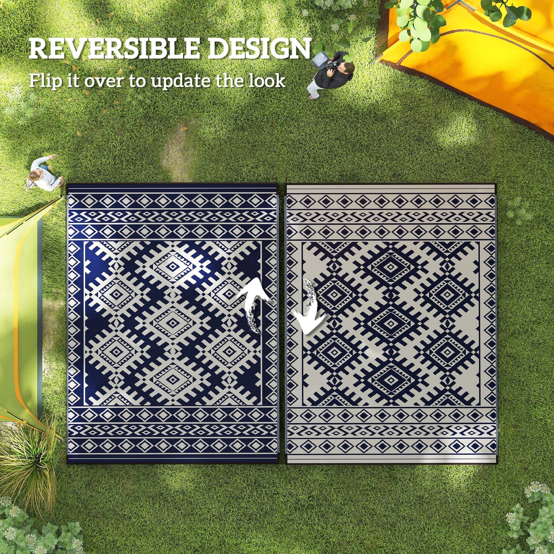 Outsunny Reversible Blue & White Rhombus Border Outdoor Patio Rug