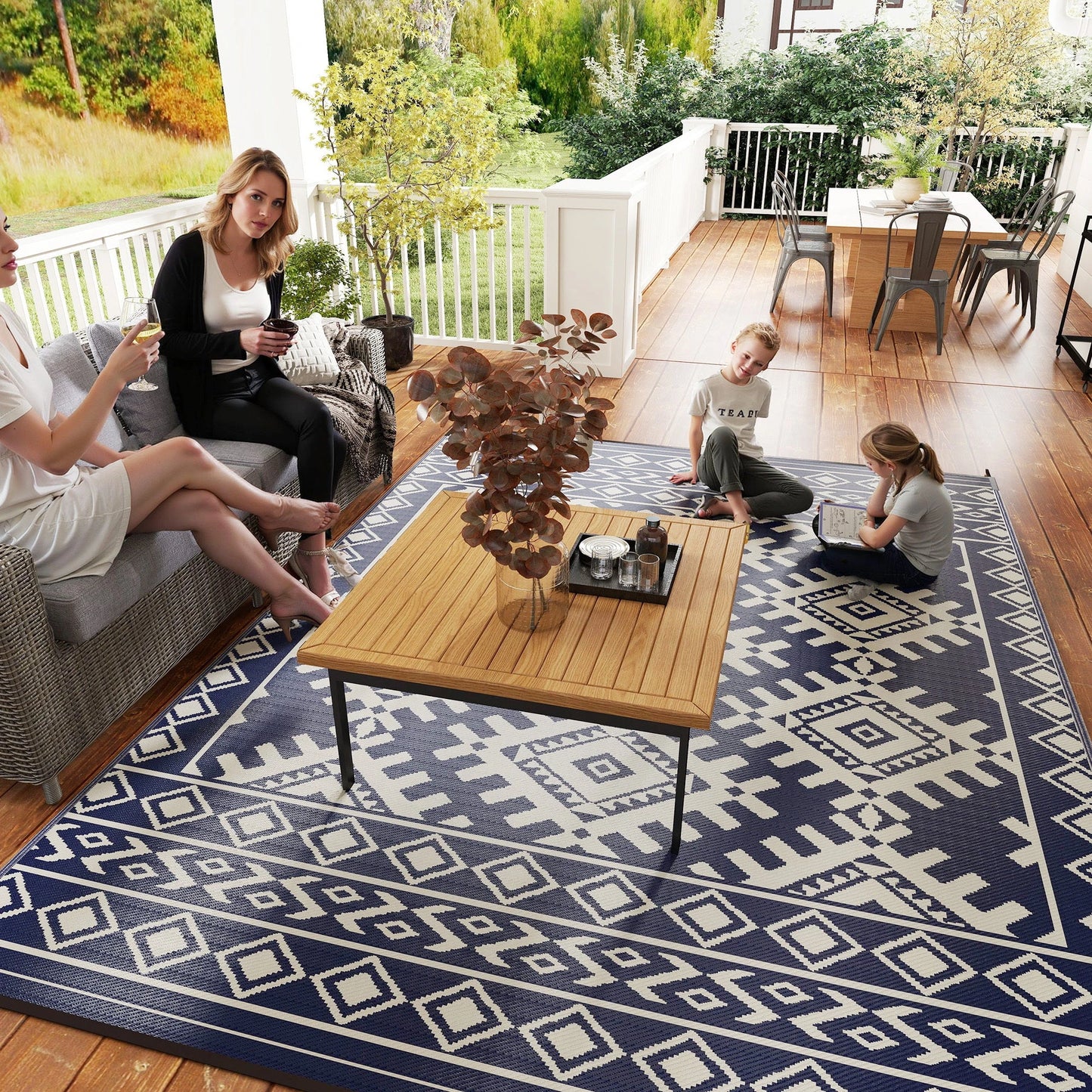 Outsunny Reversible Blue & White Rhombus Border Outdoor Patio Rug