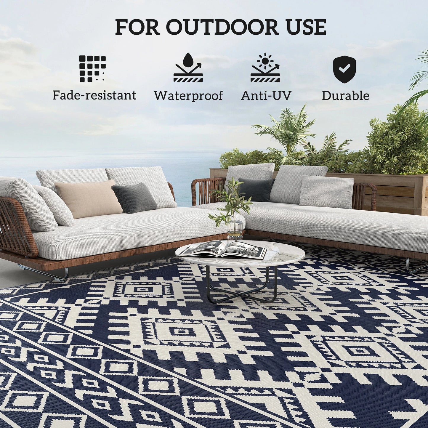 Outsunny Reversible Blue & White Rhombus Border Outdoor Patio Rug