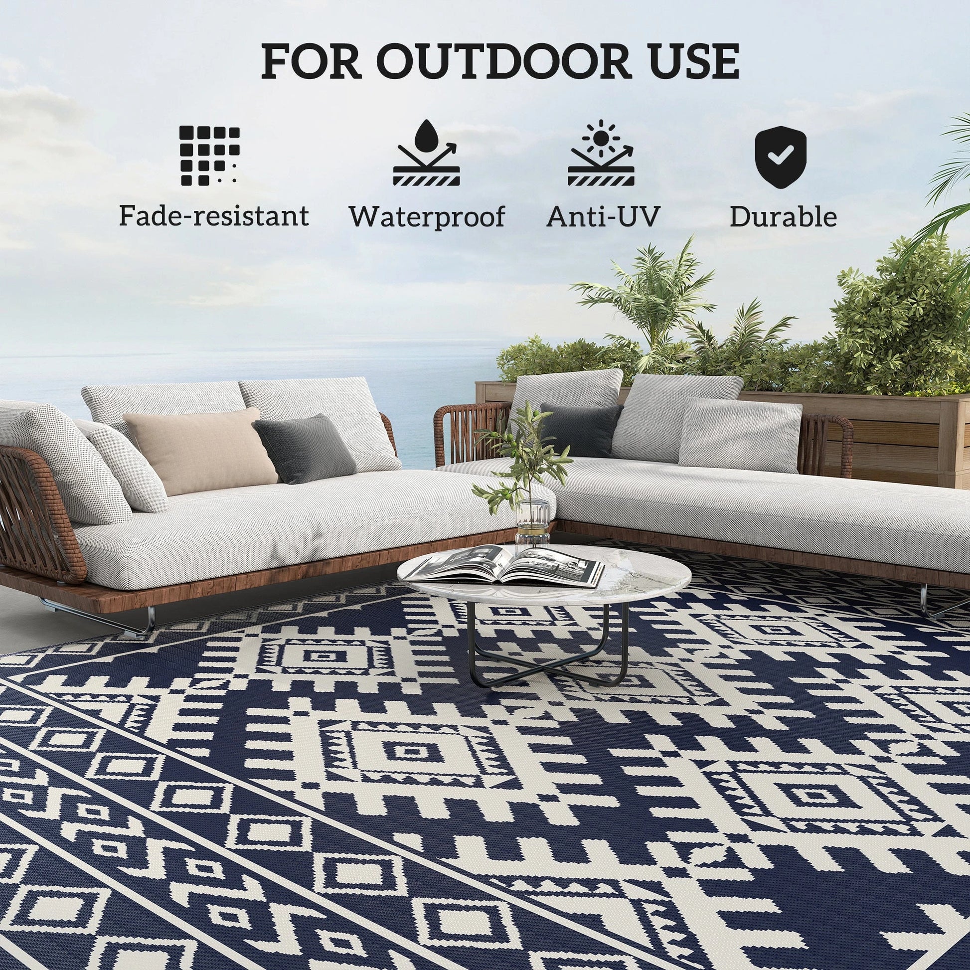 Outsunny Reversible Blue & White Rhombus Border Outdoor Patio Rug
