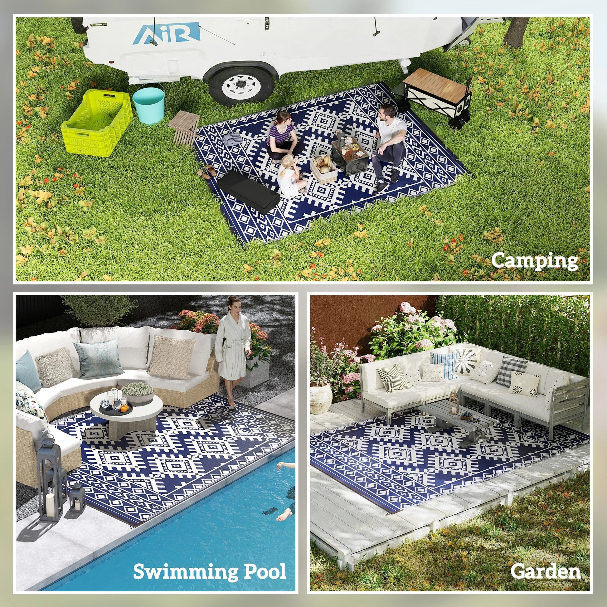 Outsunny Reversible Blue & White Rhombus Border Outdoor Patio Rug