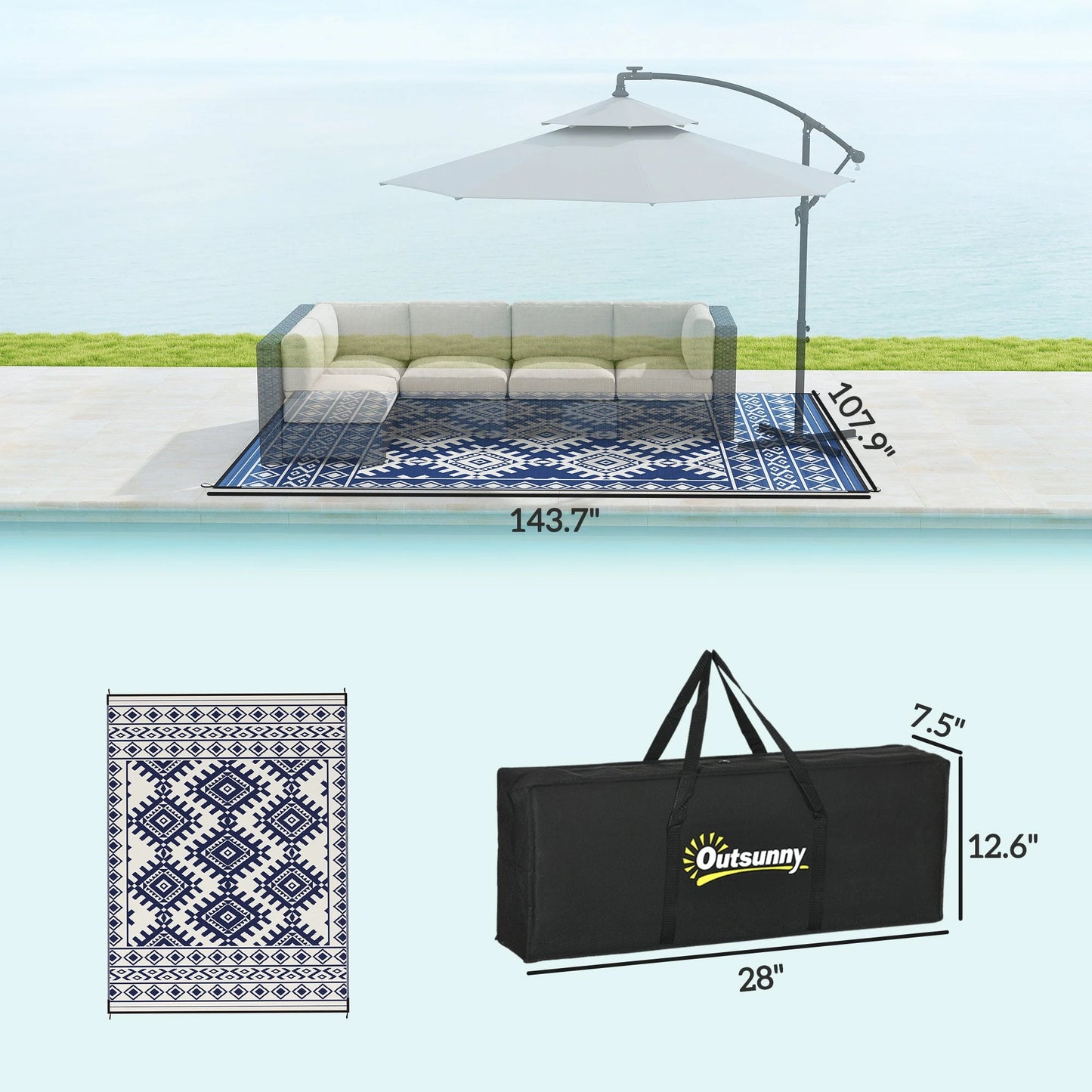 Outsunny Reversible Blue & White Rhombus Border Outdoor Patio Rug