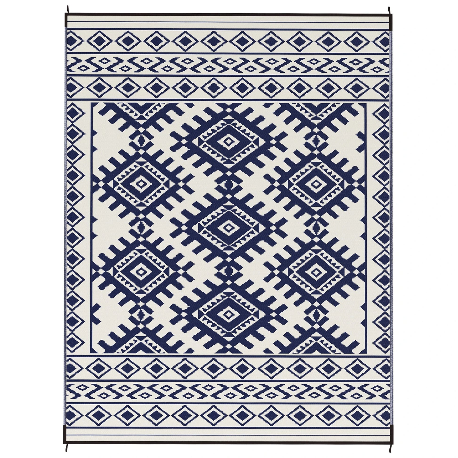 Outsunny Reversible Blue & White Rhombus Border Outdoor Patio Rug