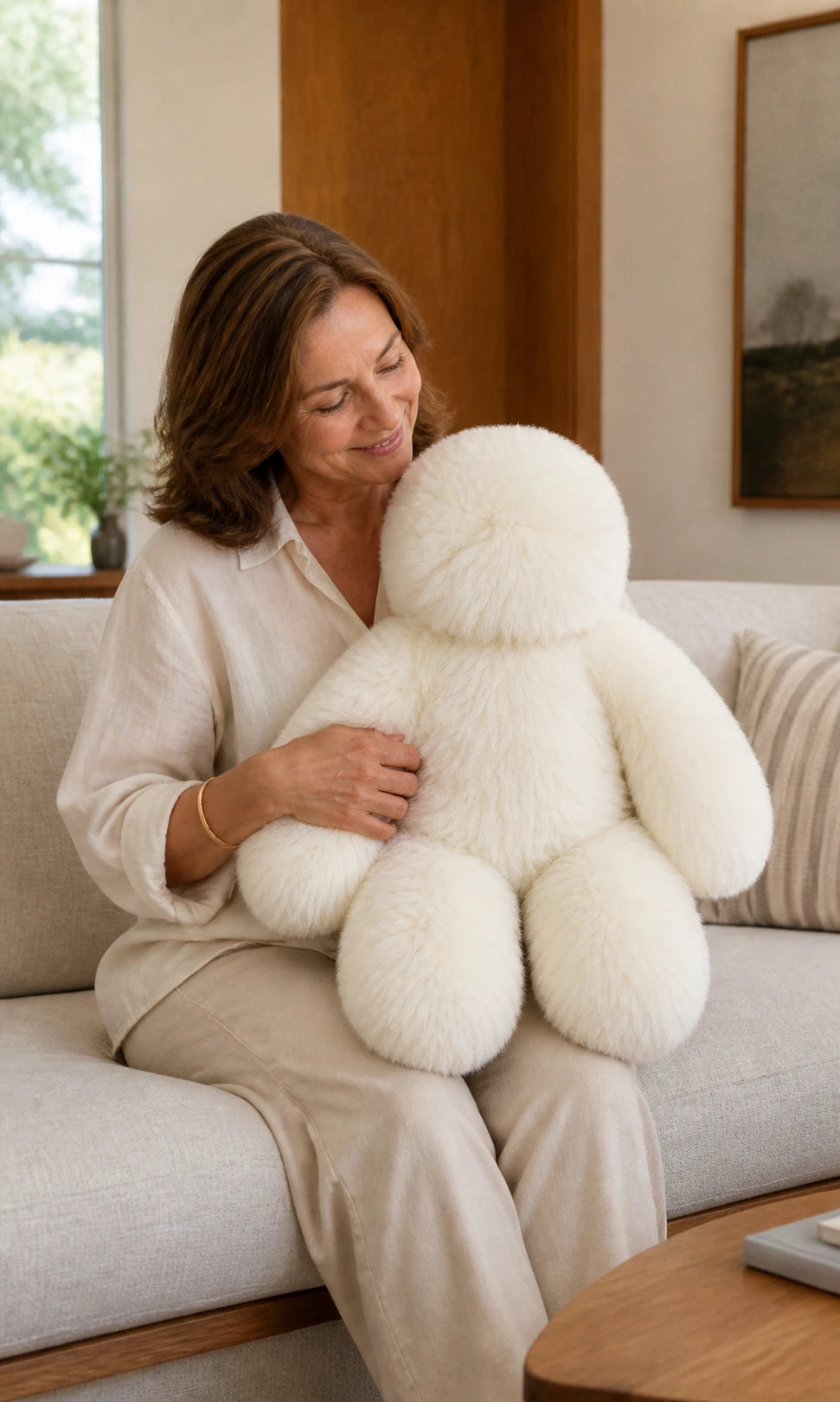 Woman over 45 holding an oversized ivory genuine rabbit fur bunny decor piece with no neck tie