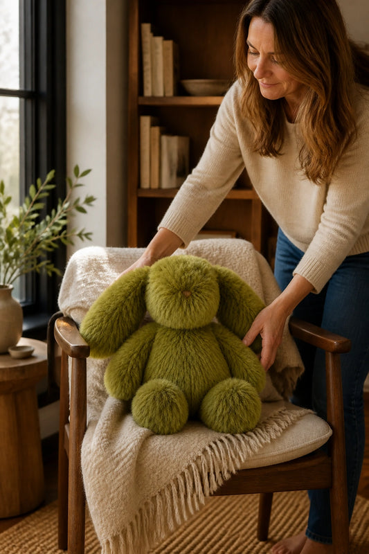 Woman over 40 styling an oversized olive green genuine rabbit fur bunny in a reading nook
