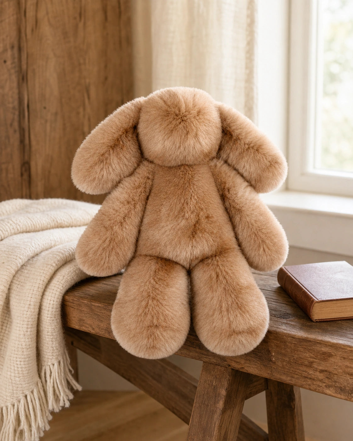 Camel taupe genuine rabbit fur bunny home decor on a warm wood bedroom bench