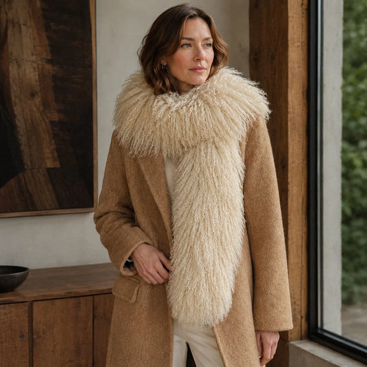 Capricornus Living Khaki genuine curly lamb fur long scarf worn with a camel winter coat