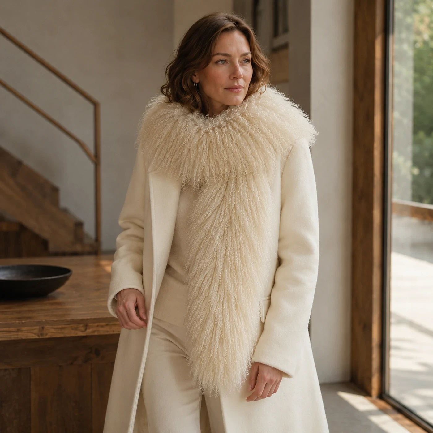 Capricornus Living Khaki genuine curly lamb fur long scarf worn in a warm wood interior