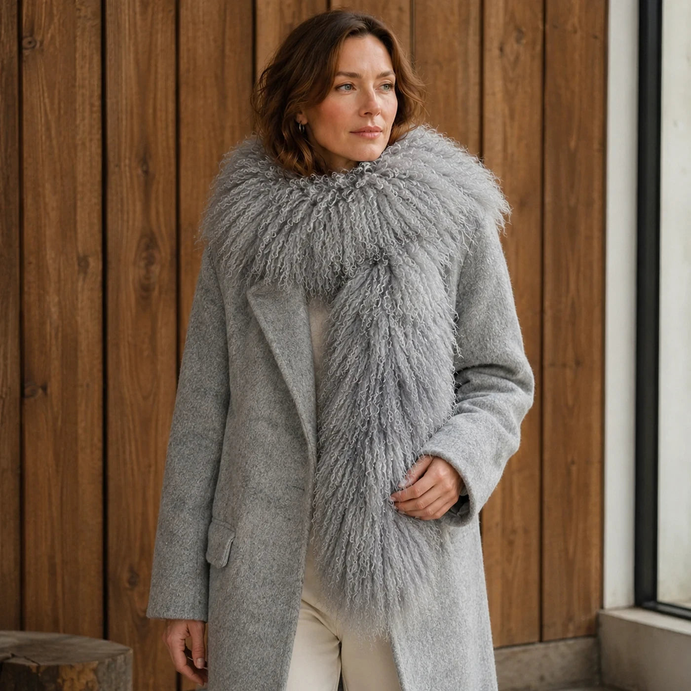 Capricornus Living Silver Gray genuine curly lamb fur long scarf worn with a gray coat
