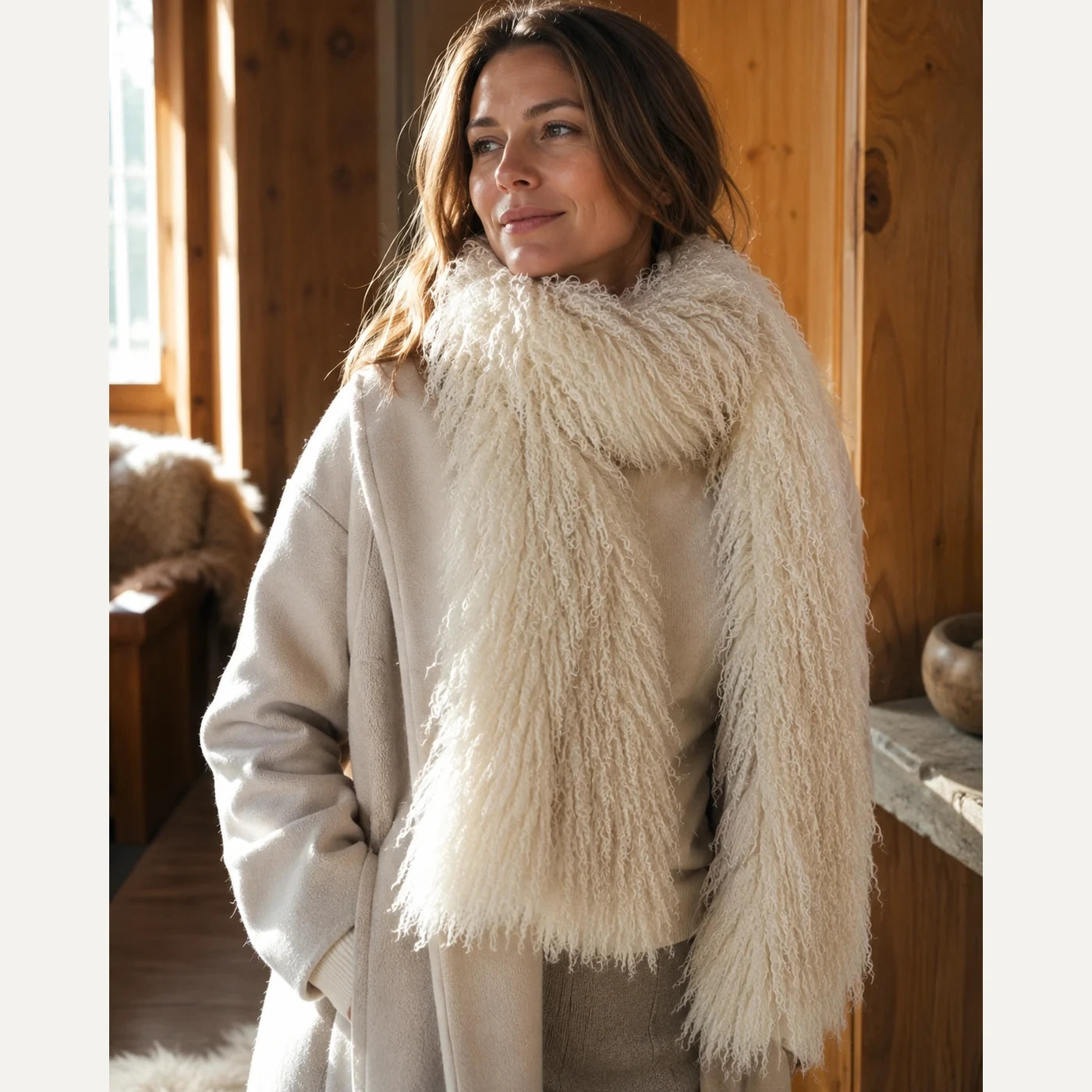 Capricornus Living Khaki genuine curly lamb fur long scarf worn as a plush winter collar