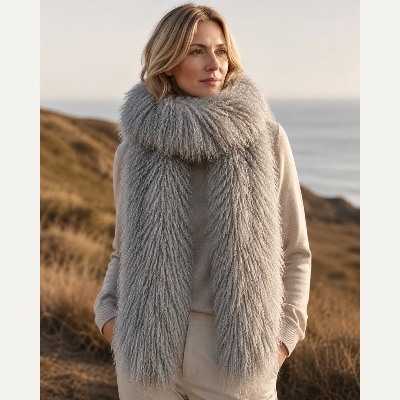 Capricornus Living Silver Gray genuine curly lamb fur long scarf worn outdoors by the coast