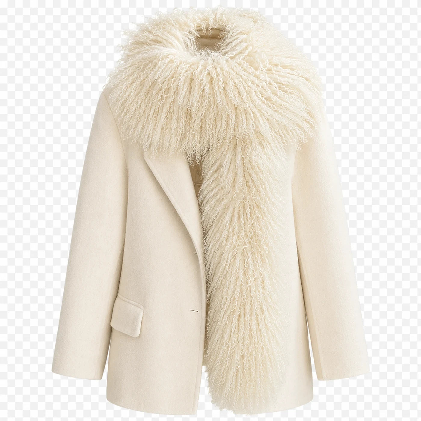 Capricornus Living Khaki genuine curly lamb fur long scarf styled over an ivory coat