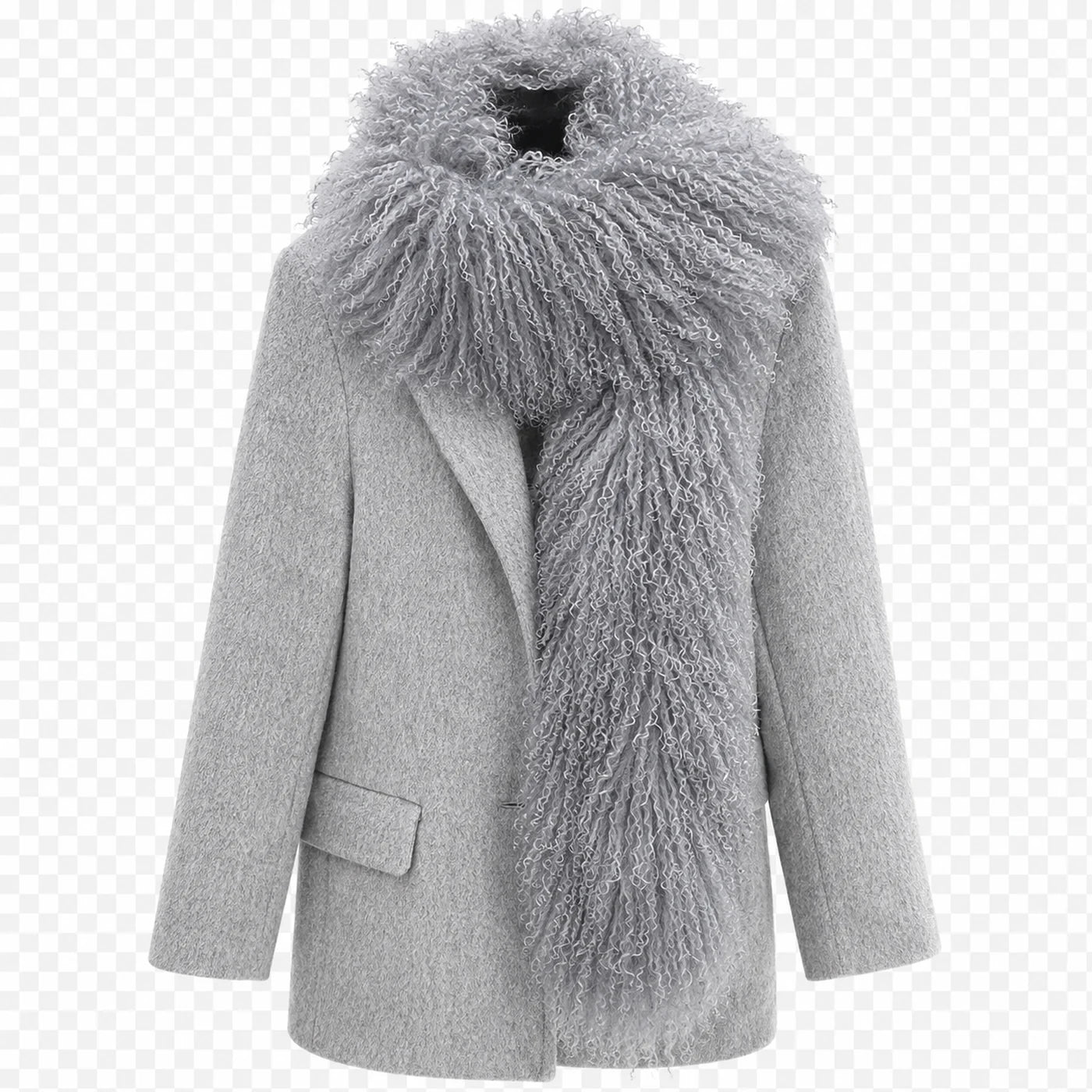 Capricornus Living Silver Gray genuine curly lamb fur long scarf styled over a gray coat