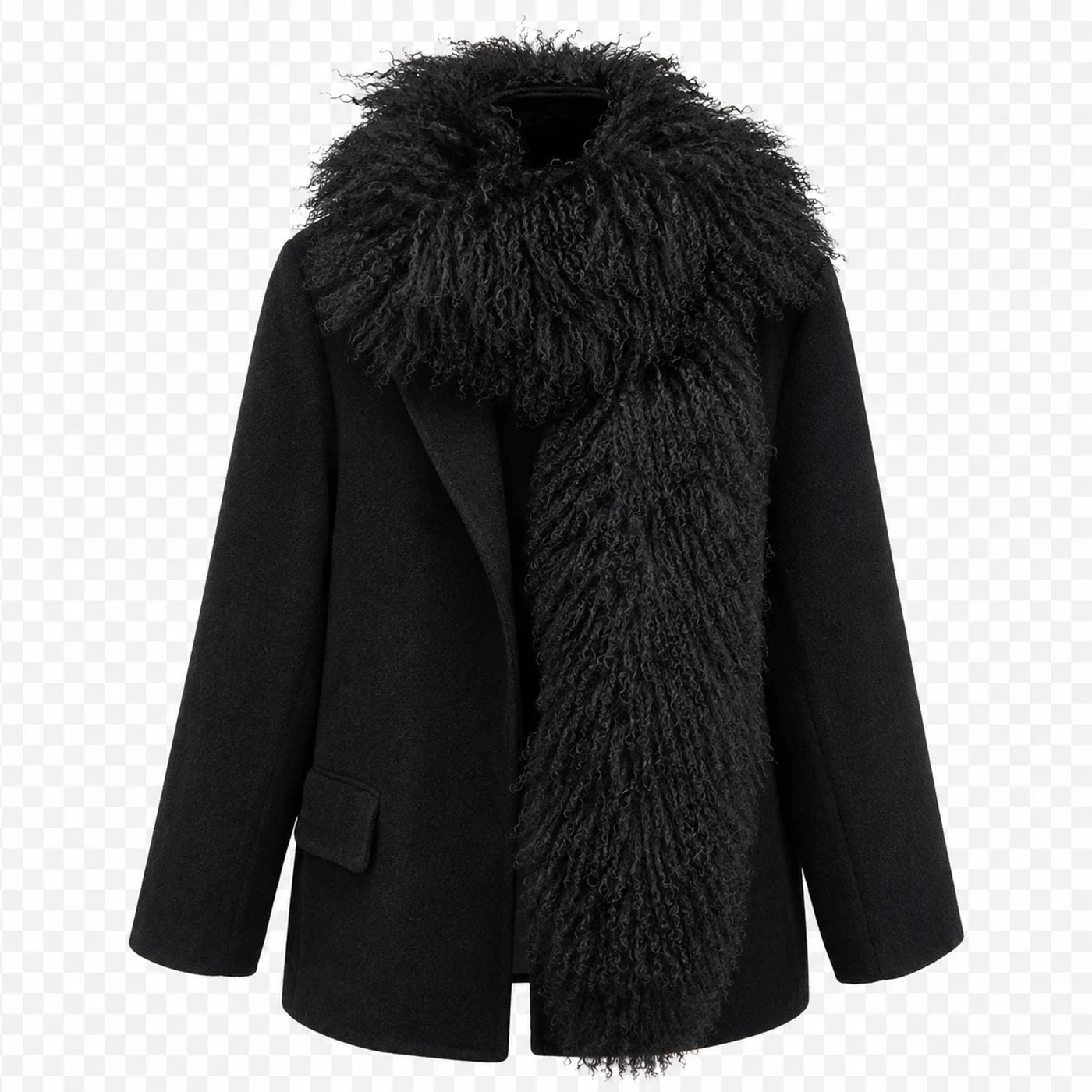 Capricornus Living Natural Black genuine curly lamb fur long scarf styled over a black coat