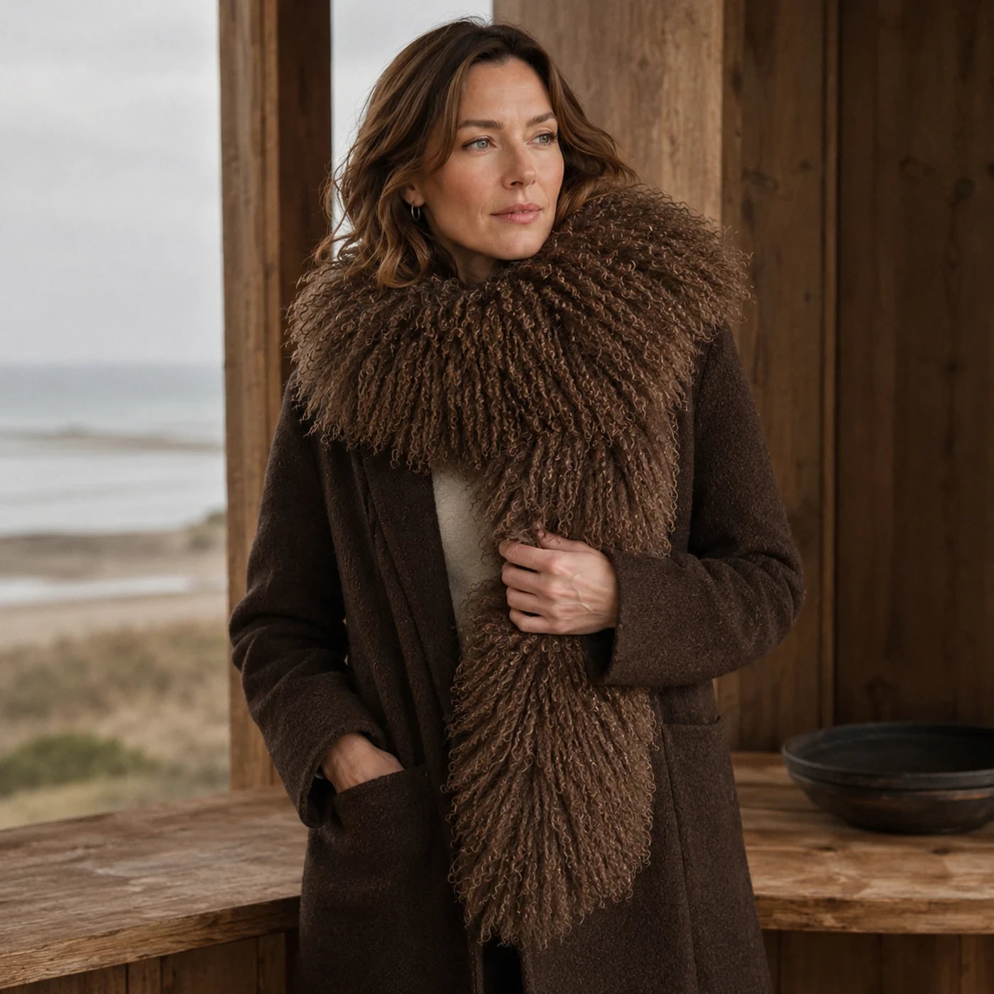Capricornus Living Khaki genuine curly lamb fur long scarf styled in a winter outfit flat lay