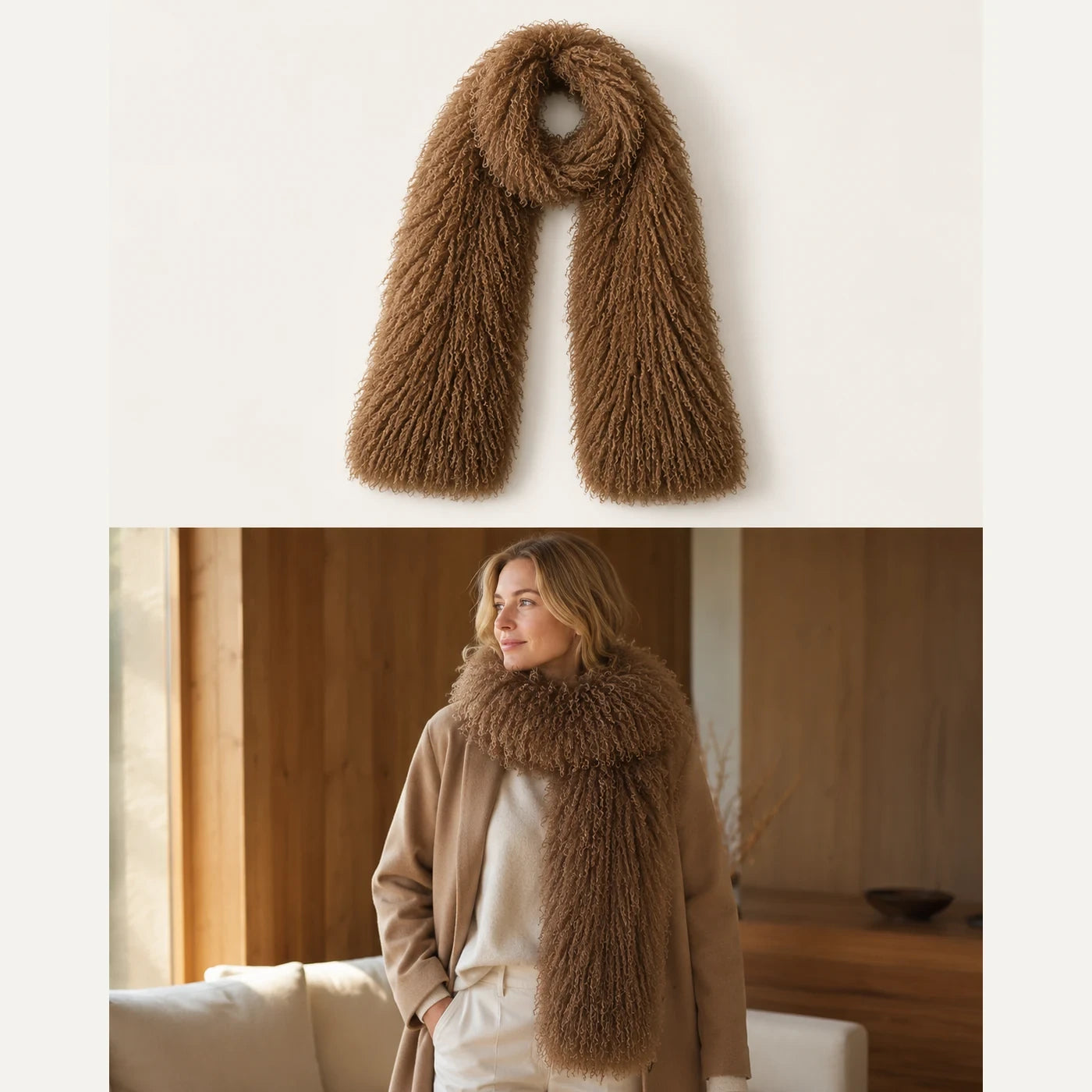 Capricornus Living Caramel genuine curly lamb fur long scarf shown in product and worn views