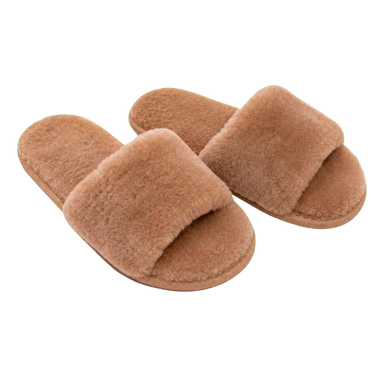 Capricornus Living Camel genuine Australian shearling slide slippers on a transparent background