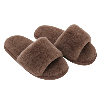 Capricornus Living Mocha Brown genuine Australian shearling slide slippers on a transparent background