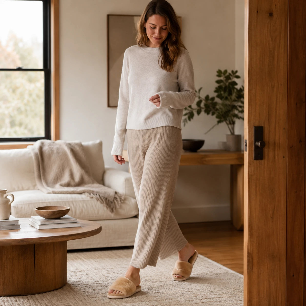 Capricornus Living Camel genuine Australian shearling slide slippers during an indoor routine