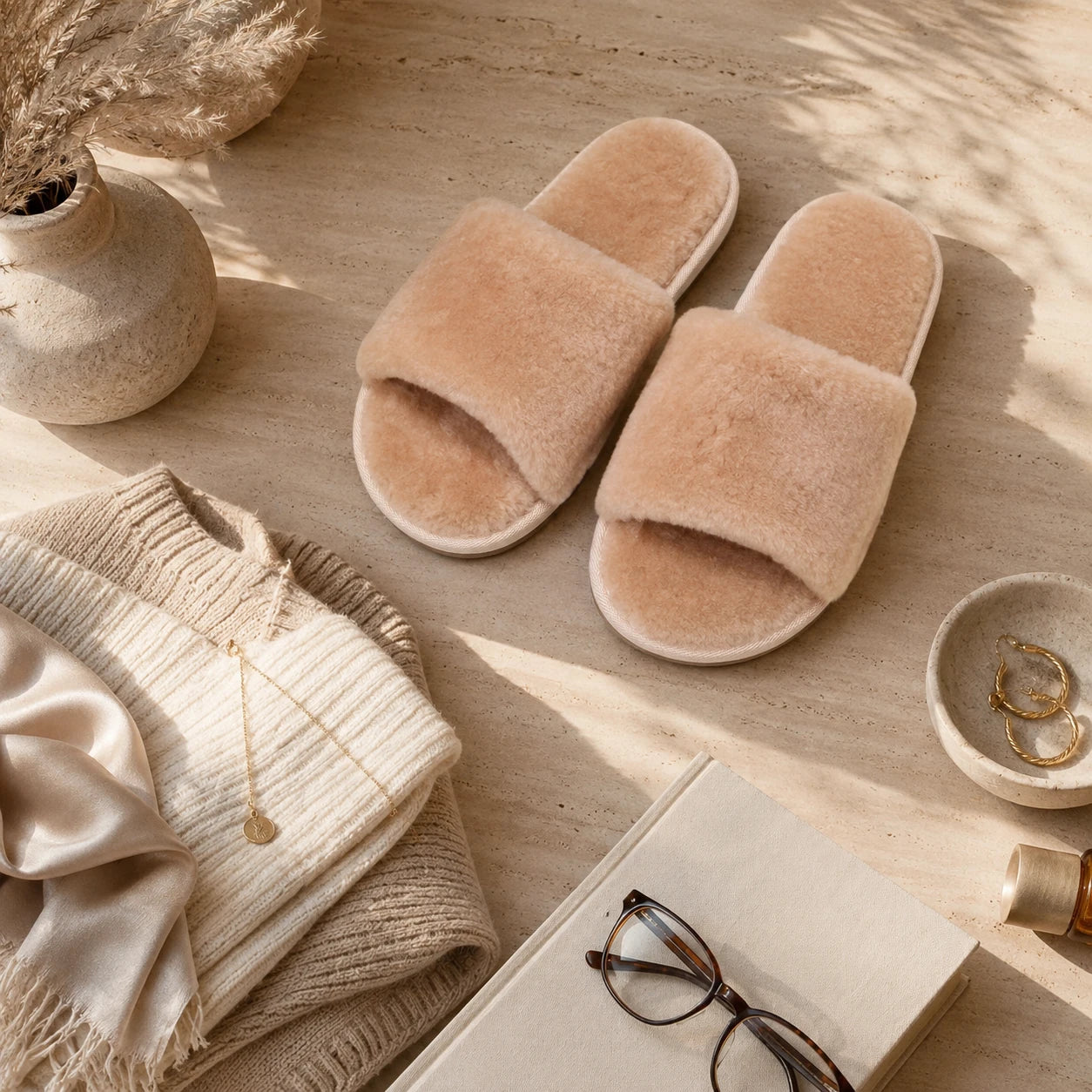 Capricornus Living Camel genuine Australian shearling slide slippers styled with neutral travel essentials
