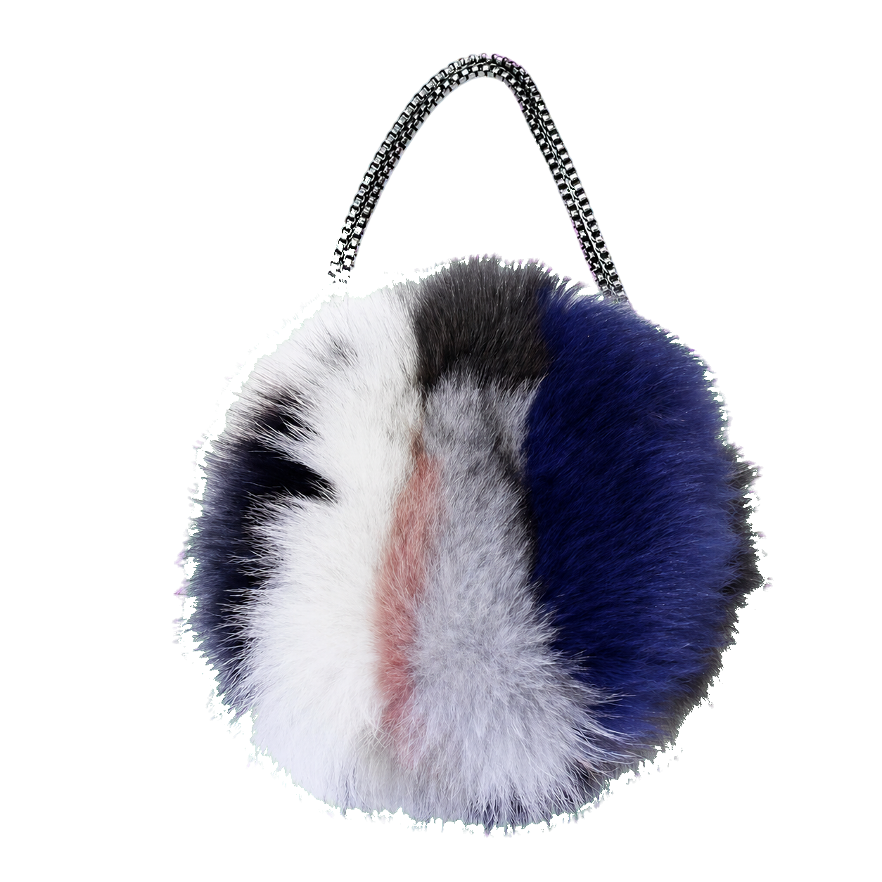 Capricornus Living Random colorblock genuine fox fur round bag with chain strap on a transparent background