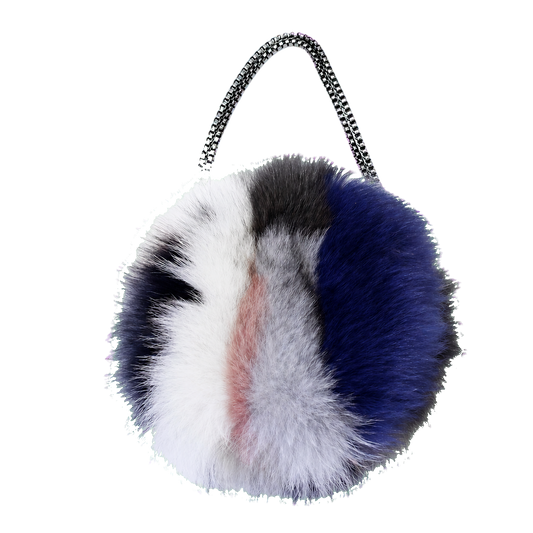 Capricornus Living Random colorblock genuine fox fur round bag with chain strap on a transparent background
