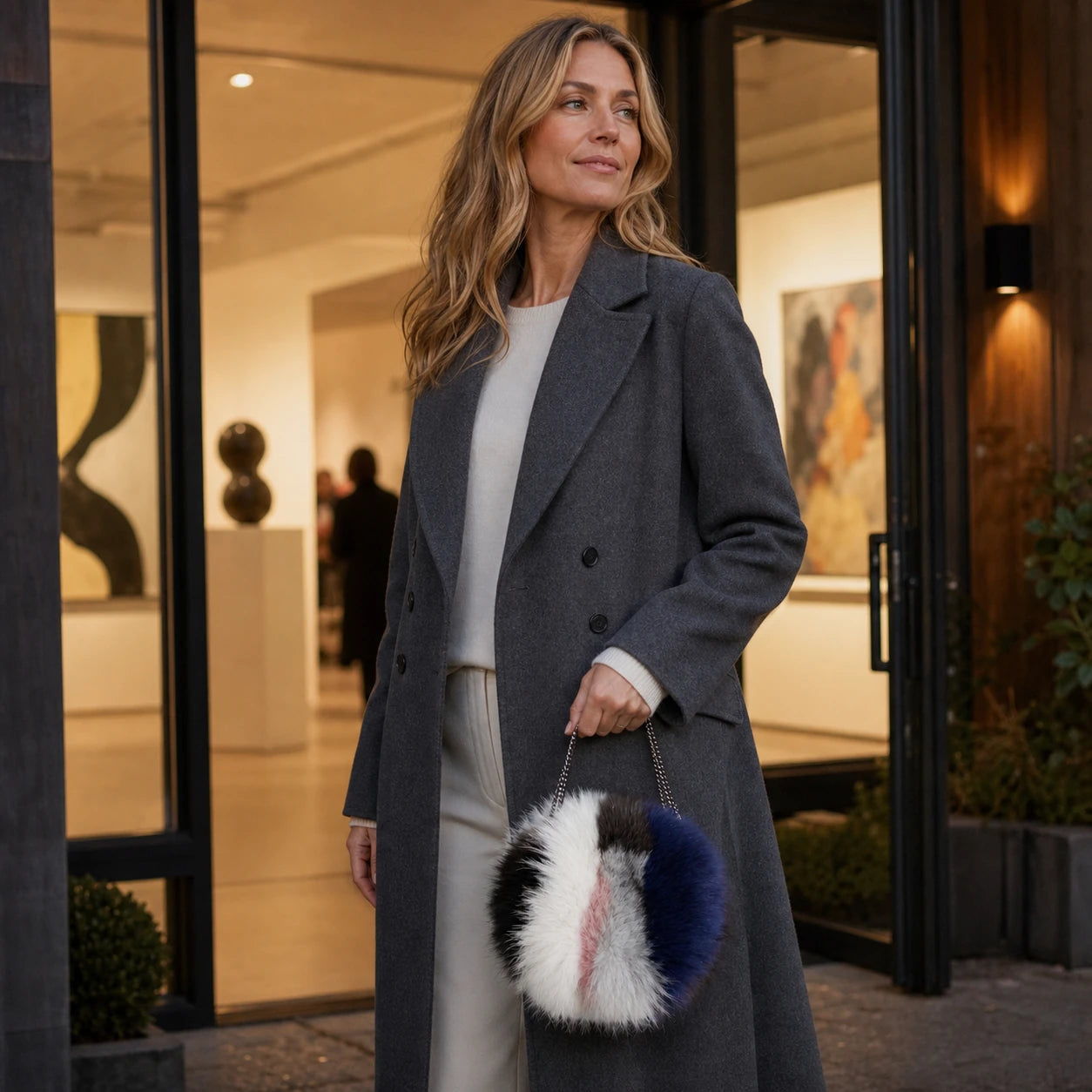 Capricornus Living Random colorblock genuine fox fur round bag carried to a contemporary gallery