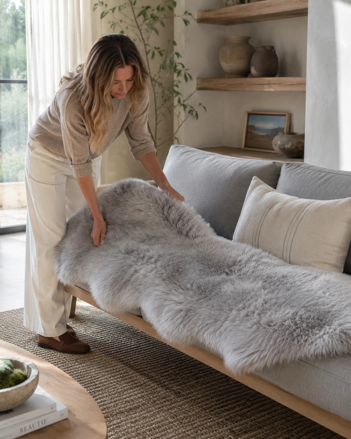 Capricornus Living Silver Gray genuine sheepskin runner arranged on a contemporary sofa