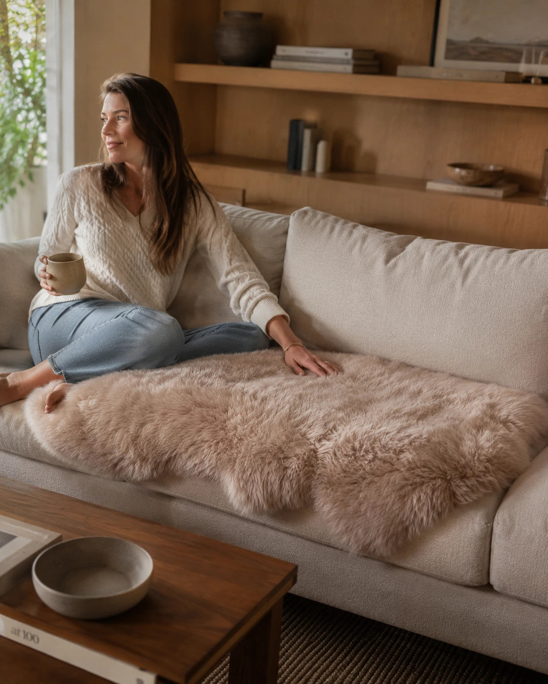 Capricornus Living Mushroom Taupe genuine sheepskin runner in a warm reading room