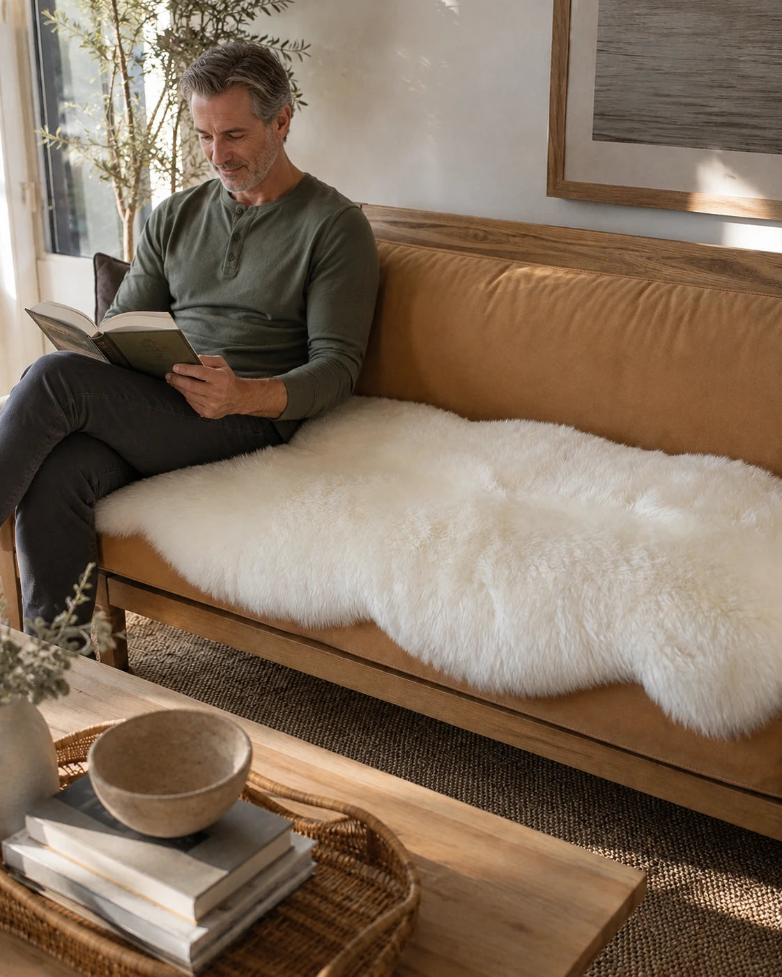 Capricornus Living Ivory White genuine sheepskin sofa runner in an American reading room