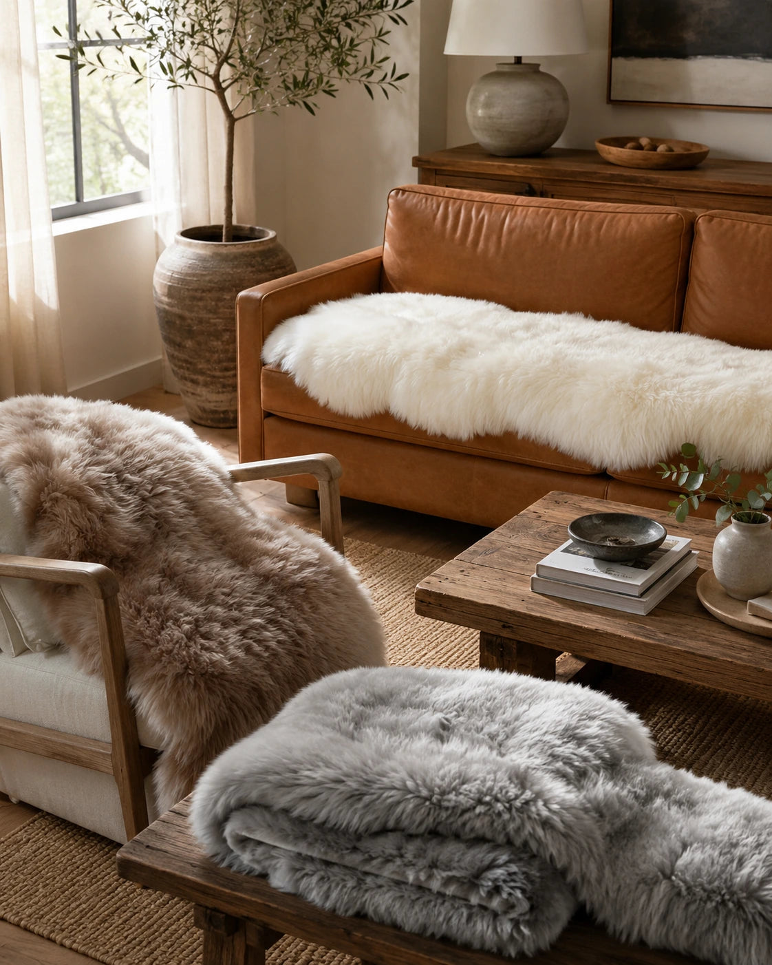 Capricornus Living Genuine sheepskin sofa runners styled across chairs and sofas in Ivory White, Mushroom Taupe, and Silver Gray