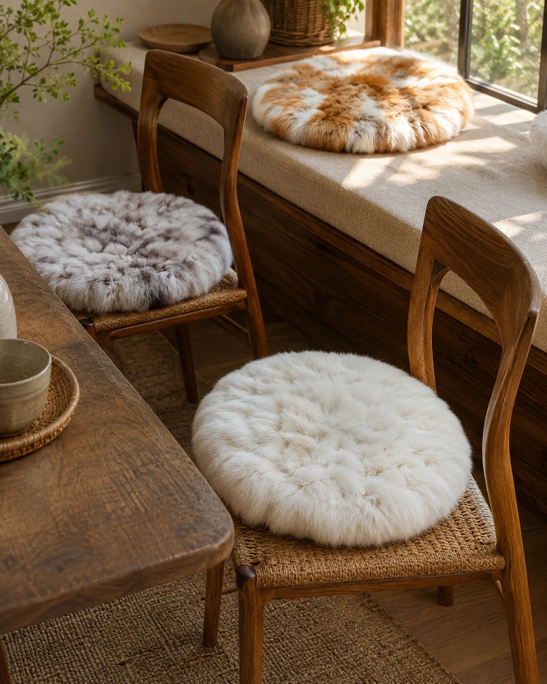 Capricornus Living Round genuine natural fox fur cushions styled across American dining chairs
