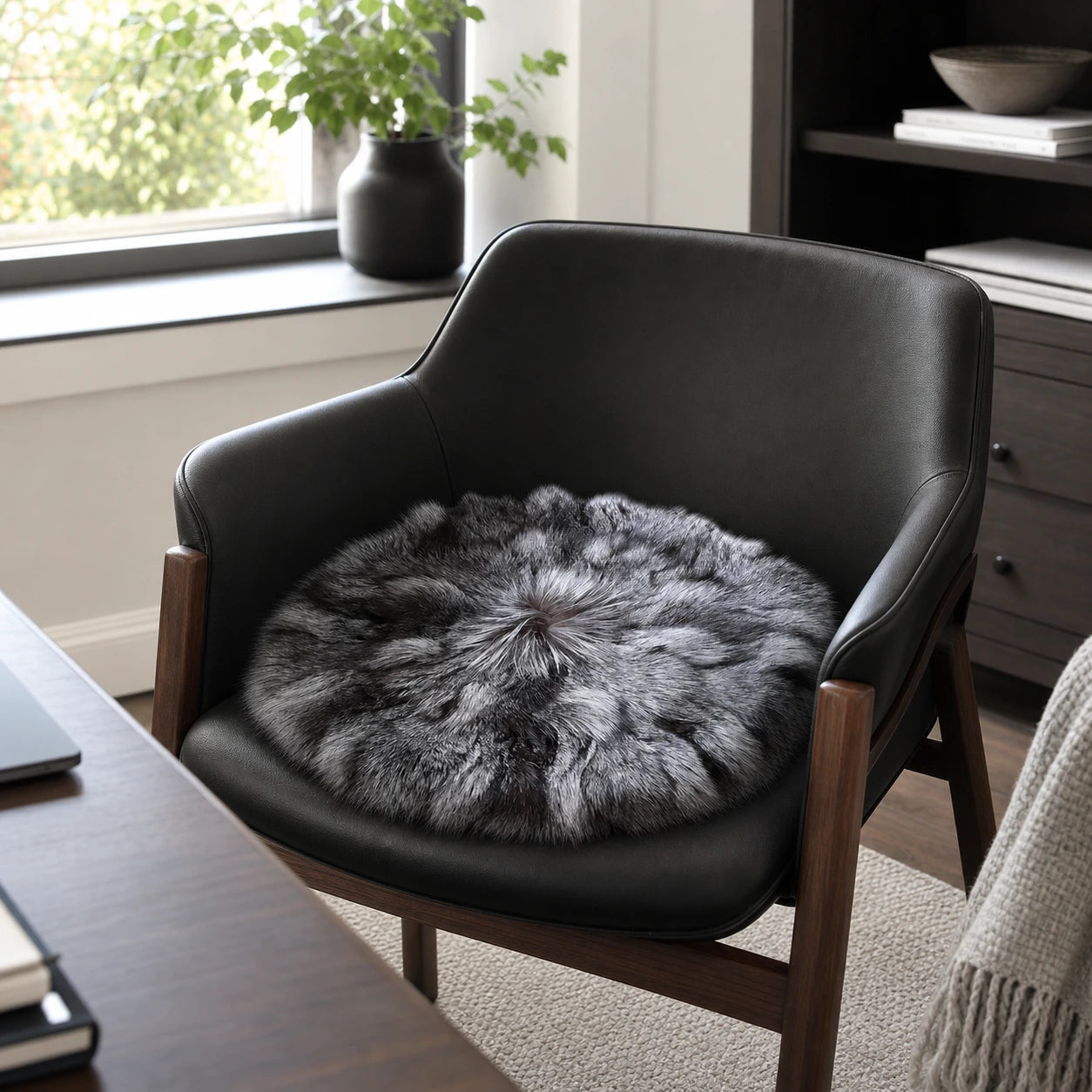 Capricornus Living Silver Fox round natural fur cushion in a contemporary American home office