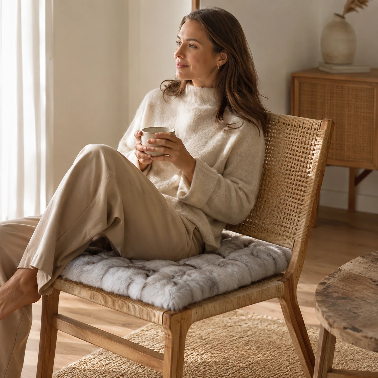 Capricornus Living Soft gray genuine fox fur square chair cushion used on a woven lounge chair