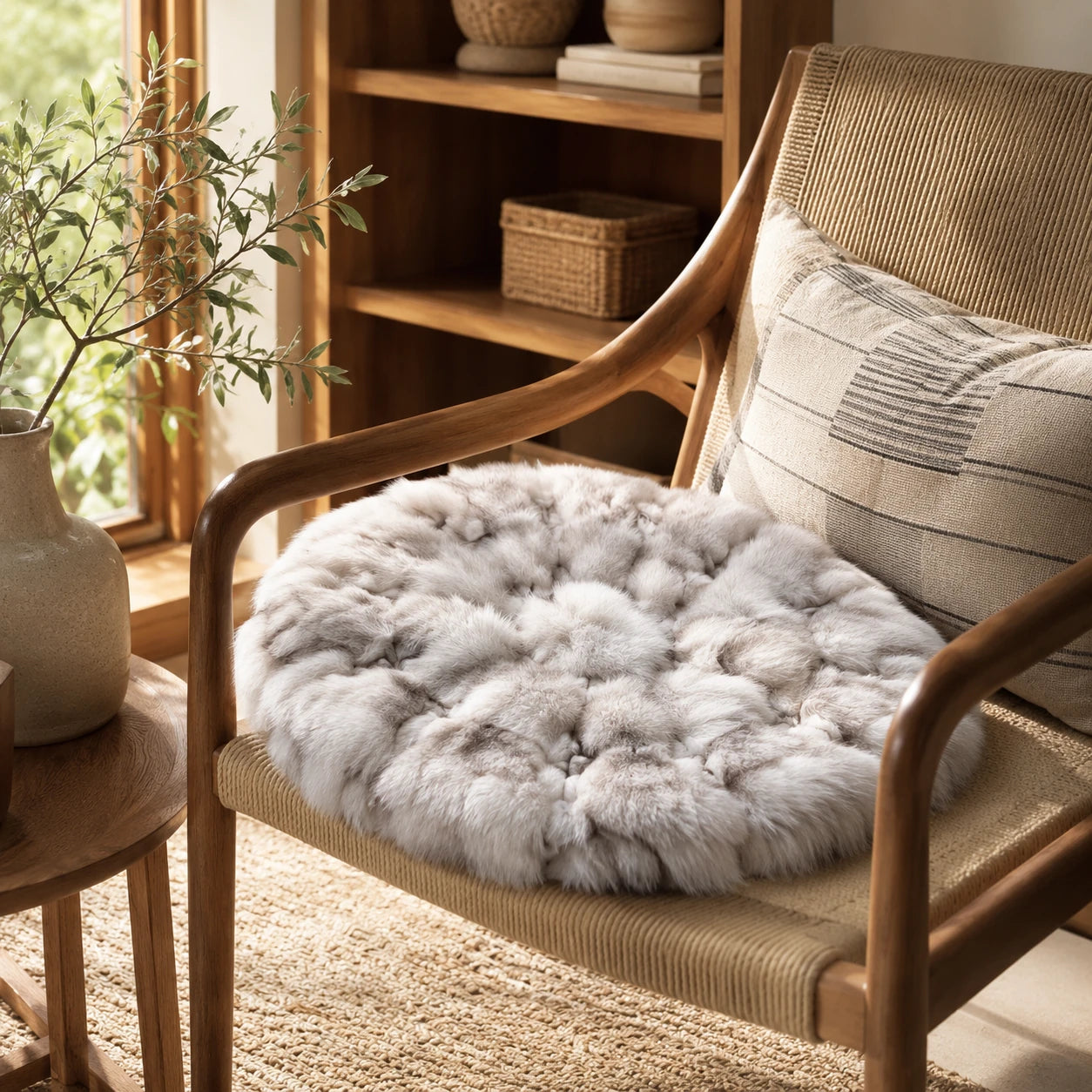 Capricornus Living Soft gray genuine fox fur square cushion styled on a wooden chair