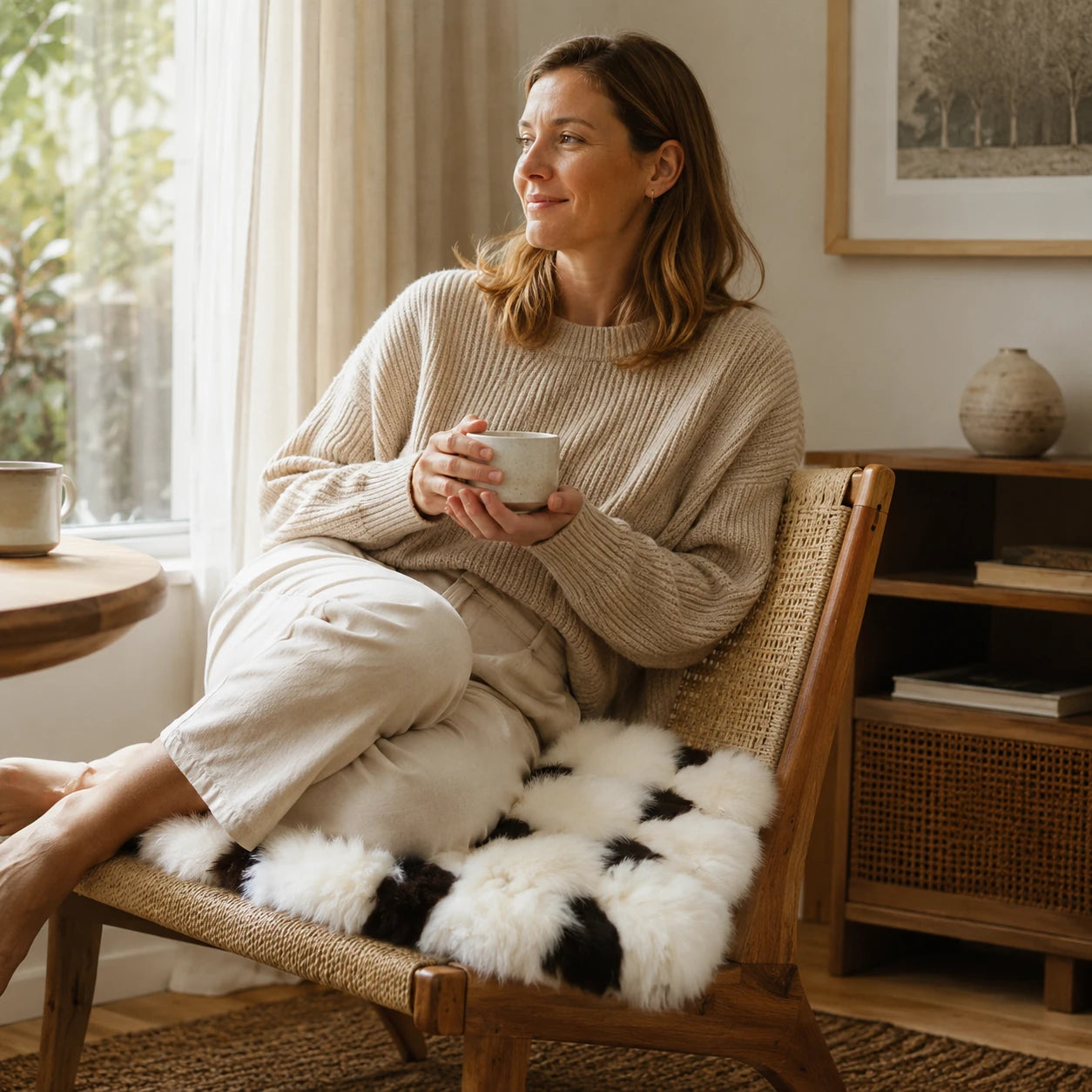 Capricornus Living White-and-black genuine fox fur square seat cushion in a natural living room