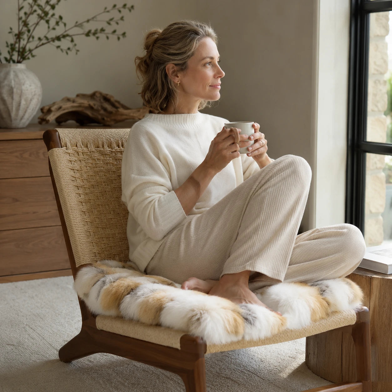 Capricornus Living Golden Island genuine fox fur square cushion on a lounge chair