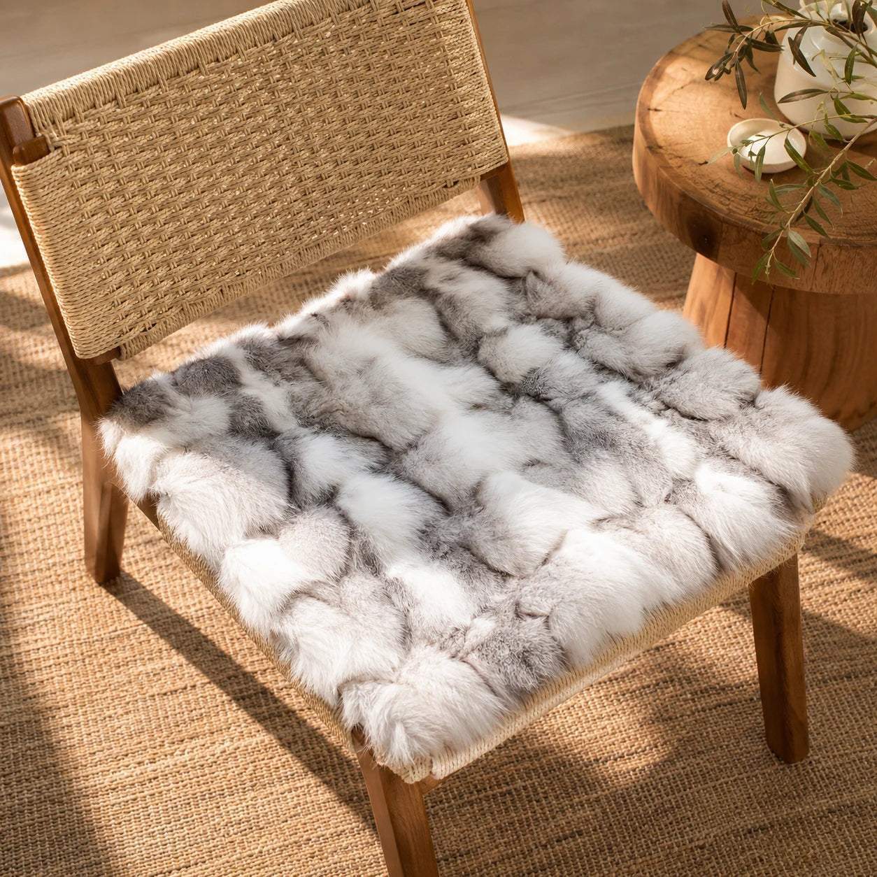 Capricornus Living Stone Fox genuine fox fur square cushion shown on a woven chair
