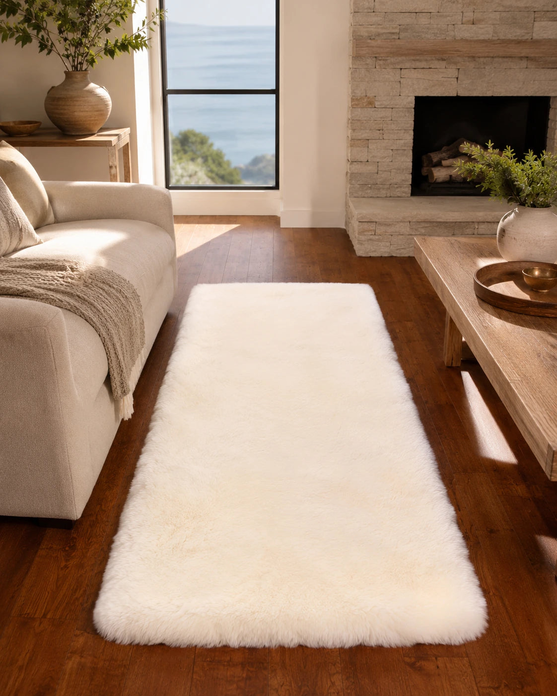 Capricornus Living Off-White genuine short-pile sheepskin runner styled beside a sofa