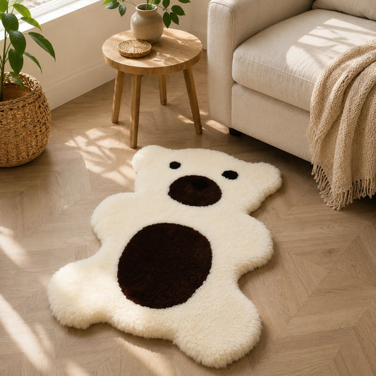 Capricornus Living Ivory bear Australian wool rug styled on a bedroom floor
