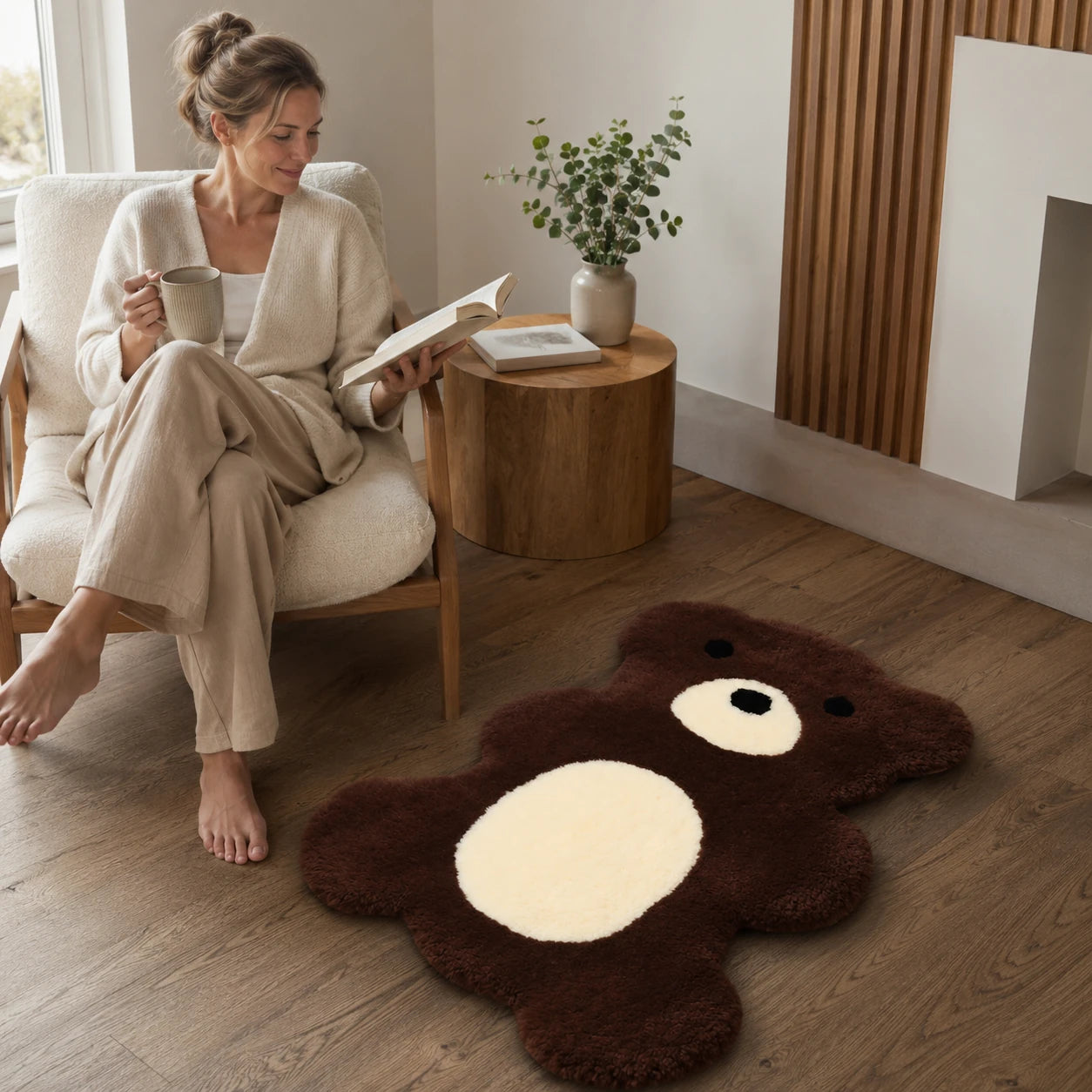 Capricornus Living Brown bear Australian wool rug in a calm reading corner