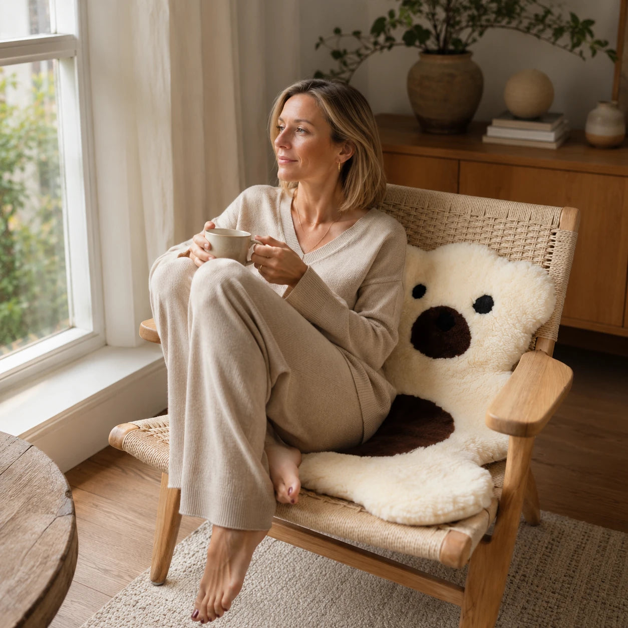Capricornus Living Ivory bear Australian wool rug used as a soft chair pad